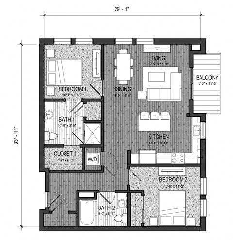 Floor plan for 2 beds, 2 baths, 999 sqft